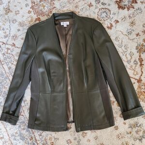 denim + company Olive green faux leather jacket with fabric paneling, zipper